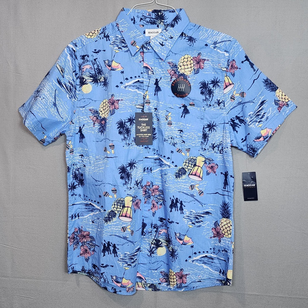 Haggar Button Up Shirt Blue Tropical Tuckless‎ Slim Fit Mens Large NWT